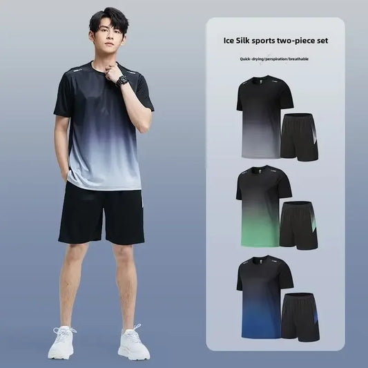 Men's Sport Ice Silk Suit Short Sleeves Summer New Gradient Tie Running Fitness Thin Shorts 2-piece Set