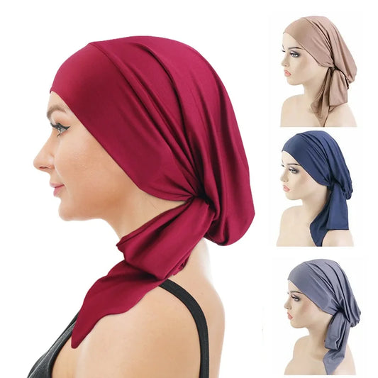 New Women Pre-Tied Turban Chemo Cap Elastic Inner Hijab Hat Cancer Islamic Arab Bonnet Long Tail Headscarf Hat Turbante Mujer