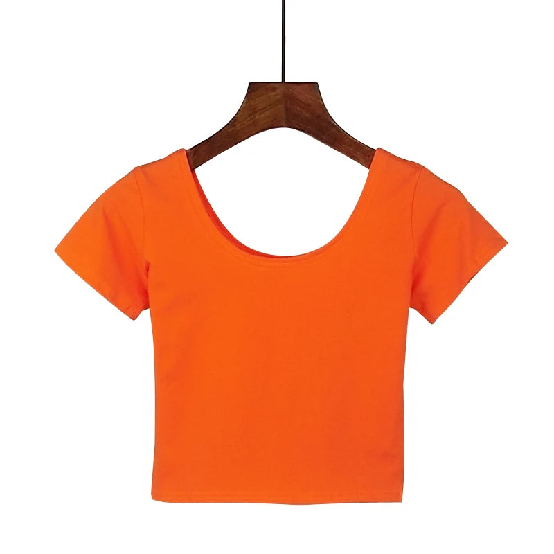 Stretch Women Cotton U Neck Crop Top 2024 Girls Short Sleeve Female Fashion Best Sell Popular Tee Top T-shirt Hot Sale