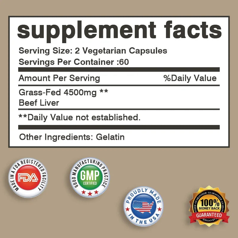 Grass Fed Dried Beef Liver Capsules - Contains Natural Iron, Vitamin A, B12 - Antioxidant
