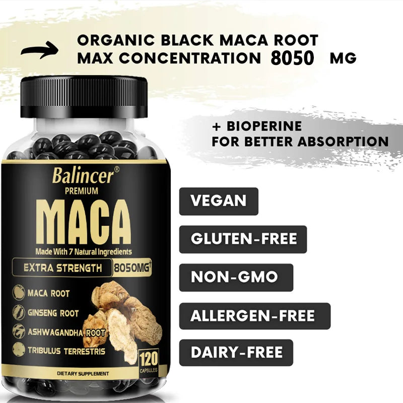 Organic Maca Root Capsules - with Ginseng Ashwagandha Tribulus Terrestris - Muscle Mass, Endurance and Performance