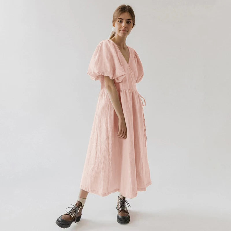Vintage 100% Cotton Puff Sleeve Maxi Dress For Women Muslin Crepe Gauze V-Neck Bandage Lace Elegant Long Birthday Party Dress