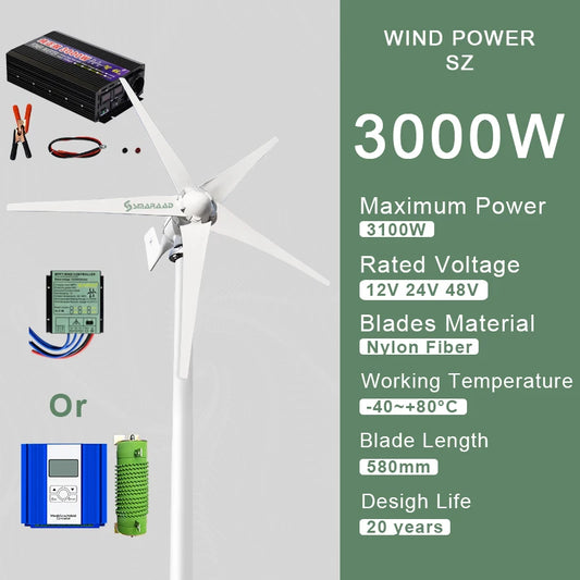 3000W Horizontal Wind Turbine Generator 12V 24V 48V Powerful Dynamo Free Energy With MPPT Off Grid System Homeuse Windmill