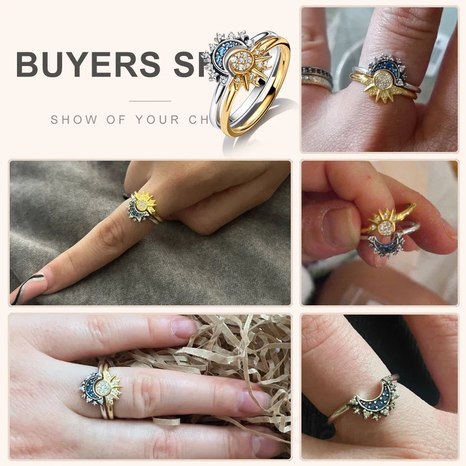 Hot Sale 925 Sterling Silver Gold Moon and Sun Ring Set Diamond Heart Sparkling Rings for Women Fine Jewelry Party Gift Charming