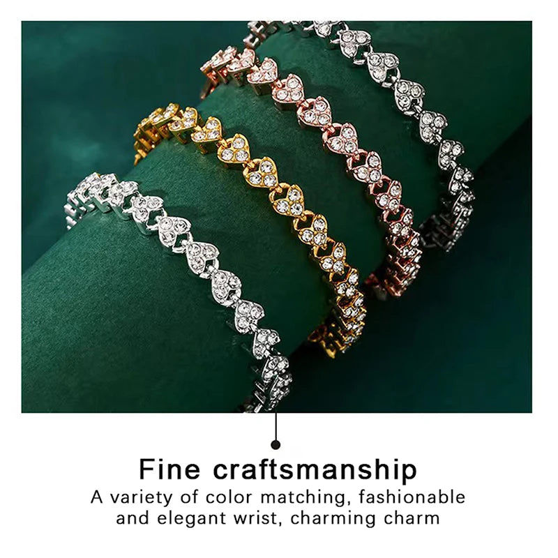 Full Rhinestone Love Heart Wrist Chain Light Luxury Shiny Zircon Chain Bracelets For Women Fashion Simple Jewelry Gift