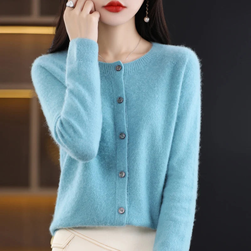 2024Spring and Autumn New 100% pure merino cashmere sweater women's O-neck cardigan loose long-sleeved sweater top