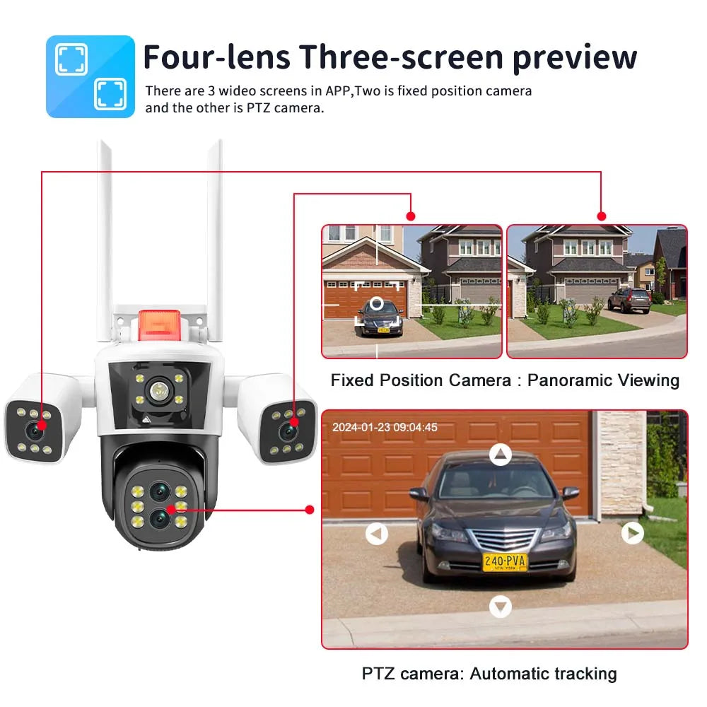 8K 16MP WiFi Camera 10X Zoom Four Lens Outdoor Security Protection PTZ IP Camera Auto Tracking CCTV Surveillance Cam Waterproof