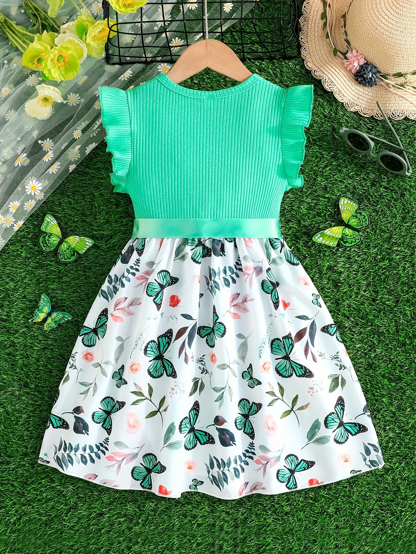 Girls Splicing Flutter Trim Butterfly Graphic Dress Elegant Dresses For Party