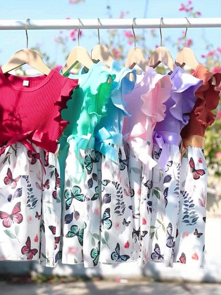 Girls Splicing Flutter Trim Butterfly Graphic Dress Elegant Dresses For Party