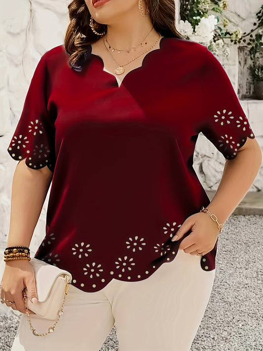 Plus Size Scallop Trim Blouse - Fashionable Cut Out Detail, V Neck, Short Sleeves - Perfect Casual Wear for Spring - Curvy Womens Clothing