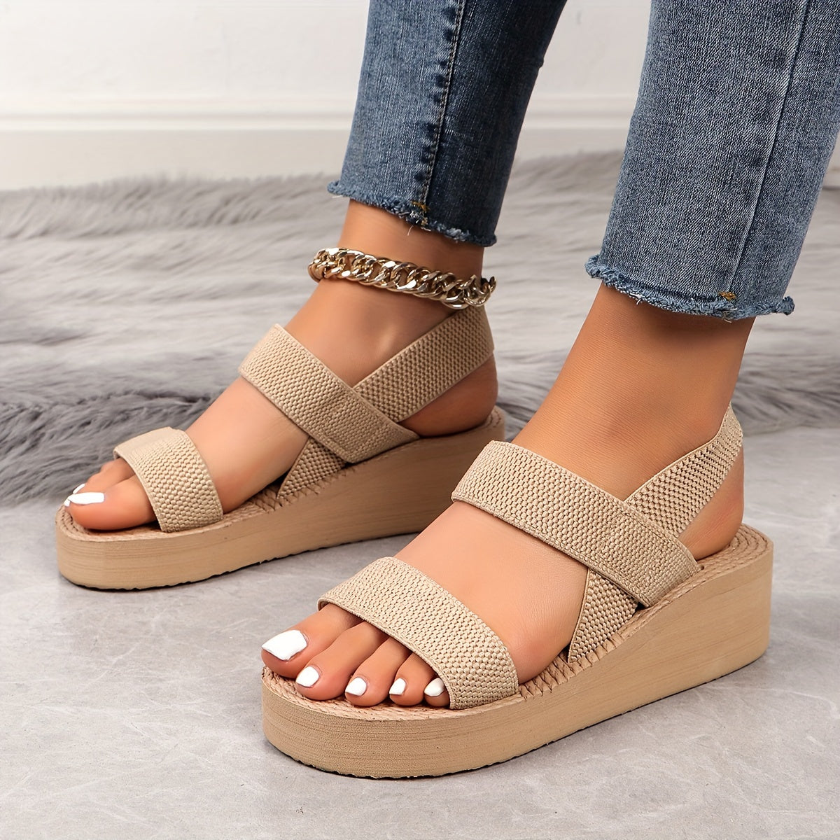 Women's Summer Wedge Sandals, Casual Round Open Toe Elastic Band Shoes, Comfortable Slip On Beach Sandals