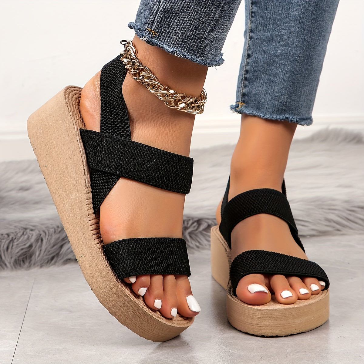 Women's Summer Wedge Sandals, Casual Round Open Toe Elastic Band Shoes, Comfortable Slip On Beach Sandals