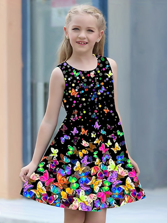 Girls Magical Butterfly Print Sleeveless Dress - Flowy Summer Wardrobe Staple for Casual & Elegant Adventures
