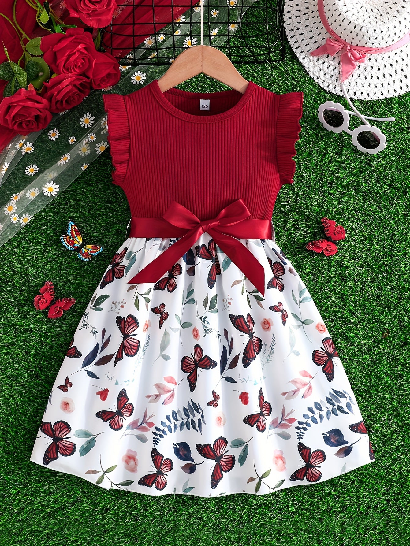 Girls Splicing Flutter Trim Butterfly Graphic Dress Elegant Dresses For Party