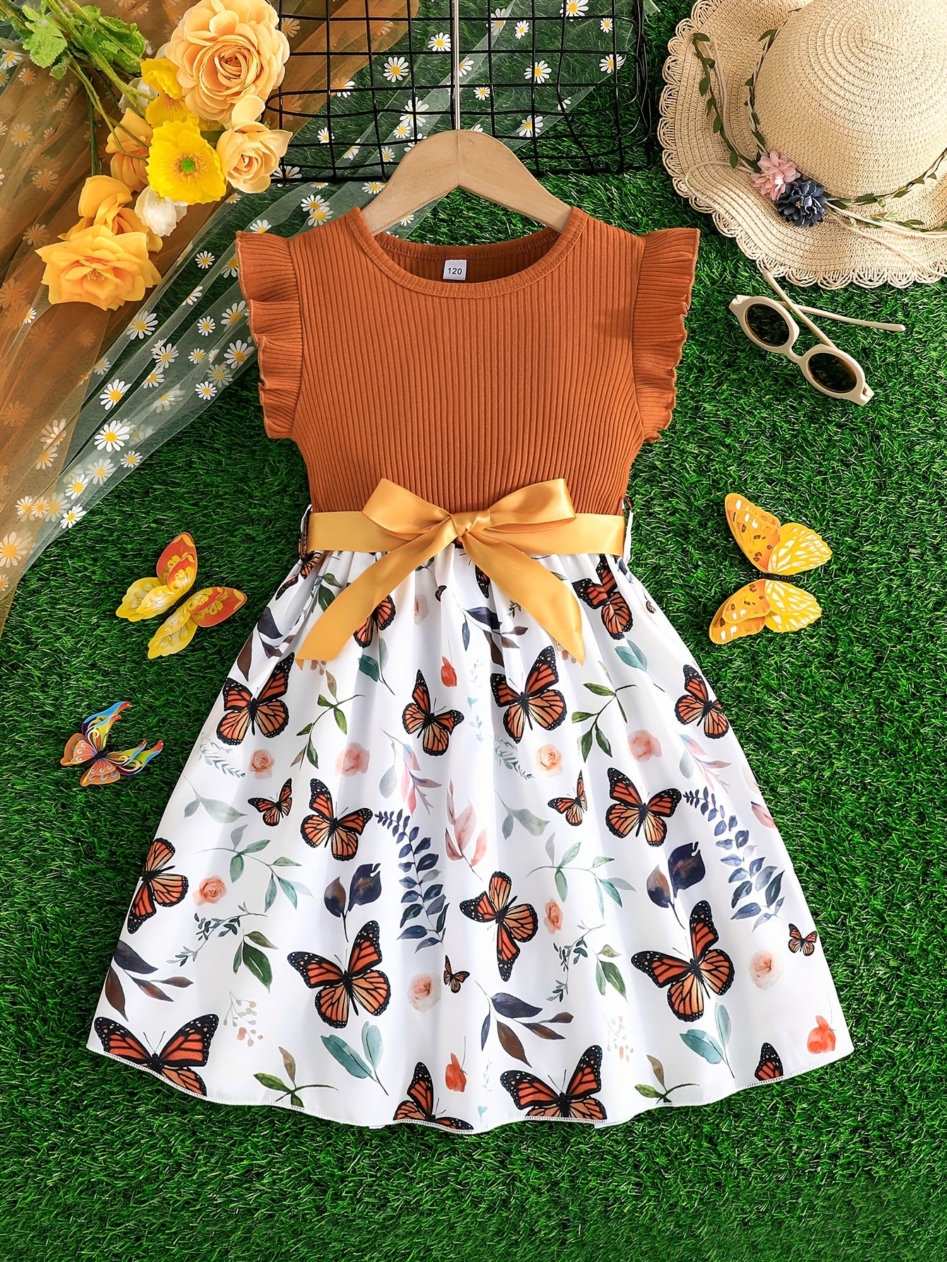 Girls Splicing Flutter Trim Butterfly Graphic Dress Elegant Dresses For Party