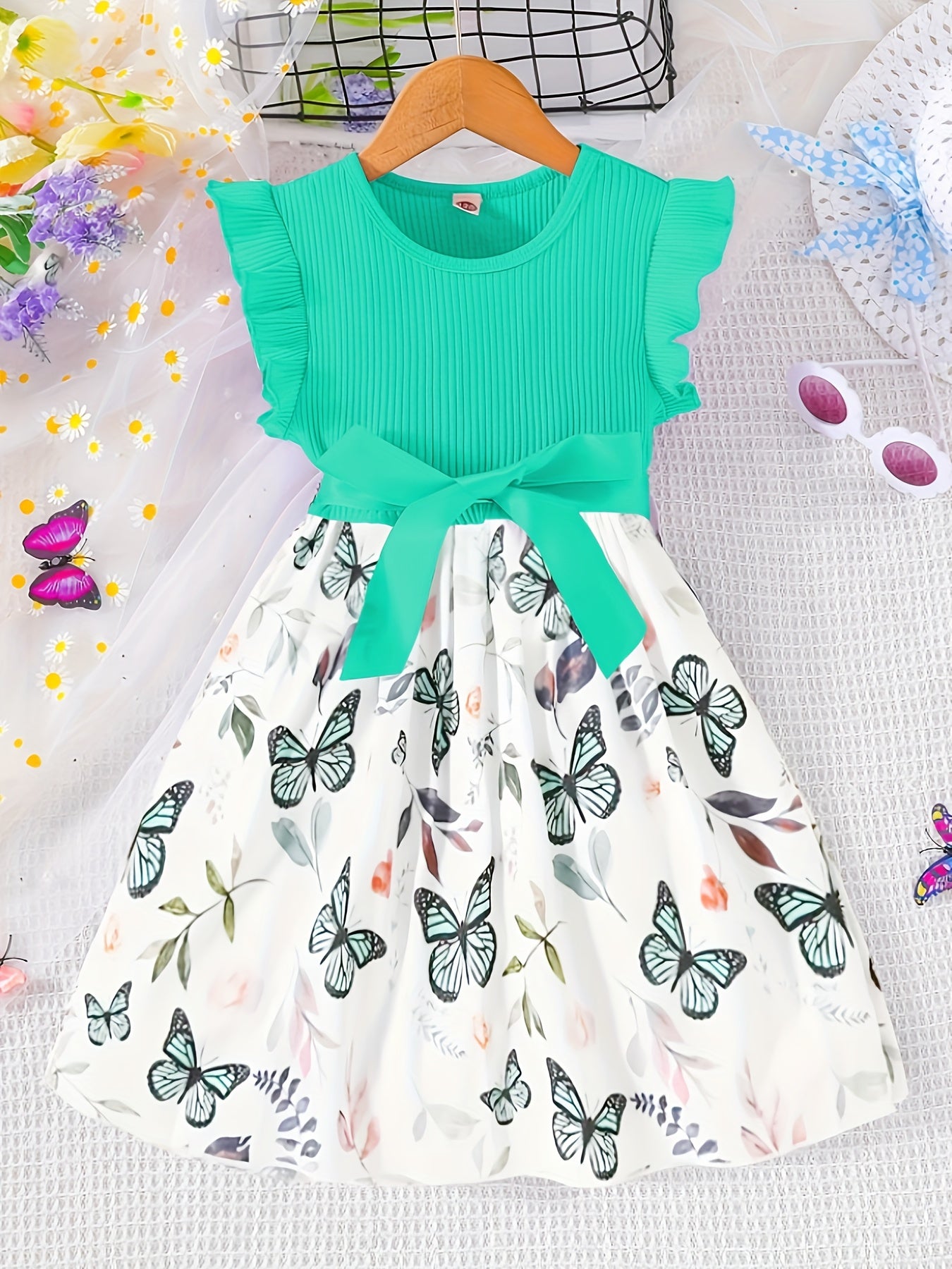 Girls Splicing Flutter Trim Butterfly Graphic Dress Elegant Dresses For Party