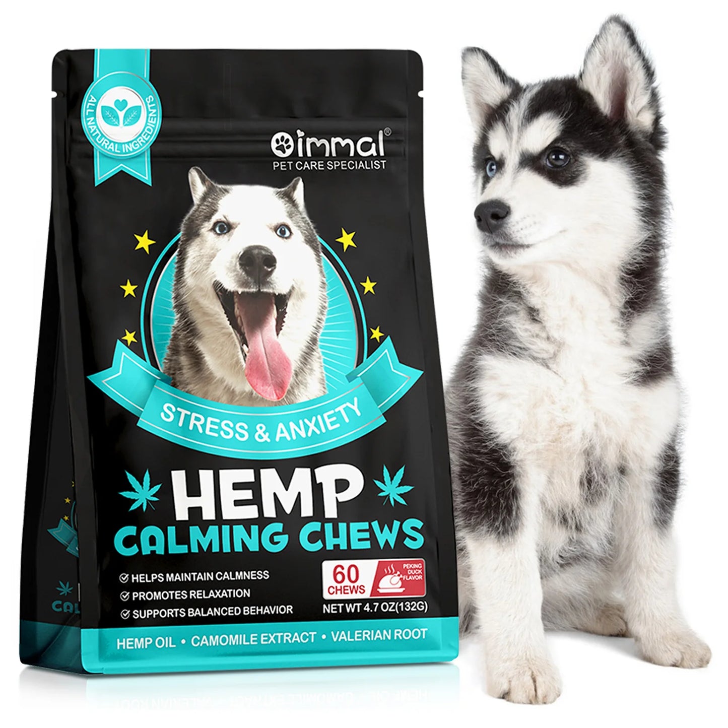 60 Calming Chews for Dogs Stress & Anxiety with Peking Duck Flavor Chamomile Extract Valerian Root Calmness Promotes Relaxation