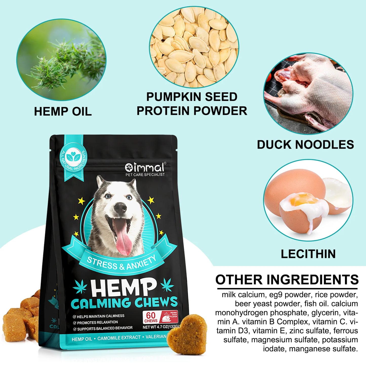 60 Calming Chews for Dogs Stress & Anxiety with Peking Duck Flavor Chamomile Extract Valerian Root Calmness Promotes Relaxation