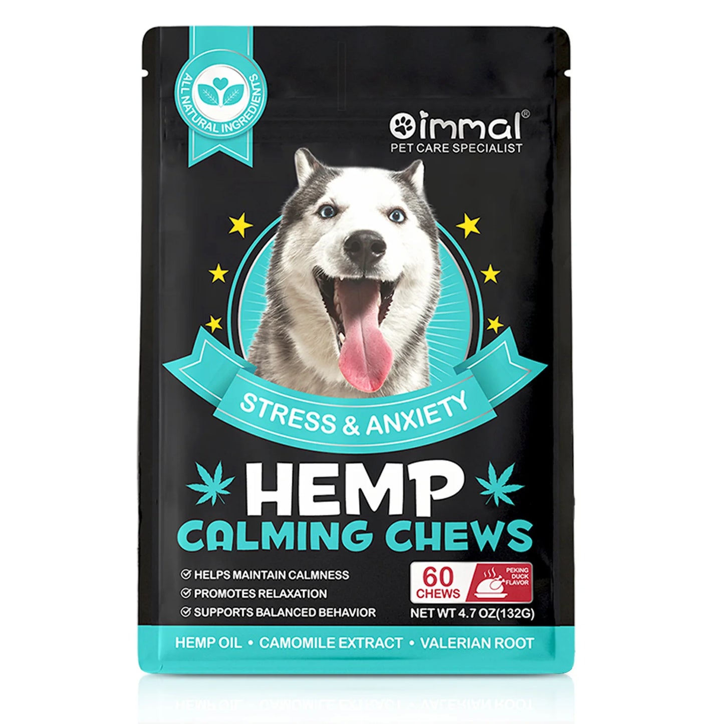 60 Calming Chews for Dogs Stress & Anxiety with Peking Duck Flavor Chamomile Extract Valerian Root Calmness Promotes Relaxation