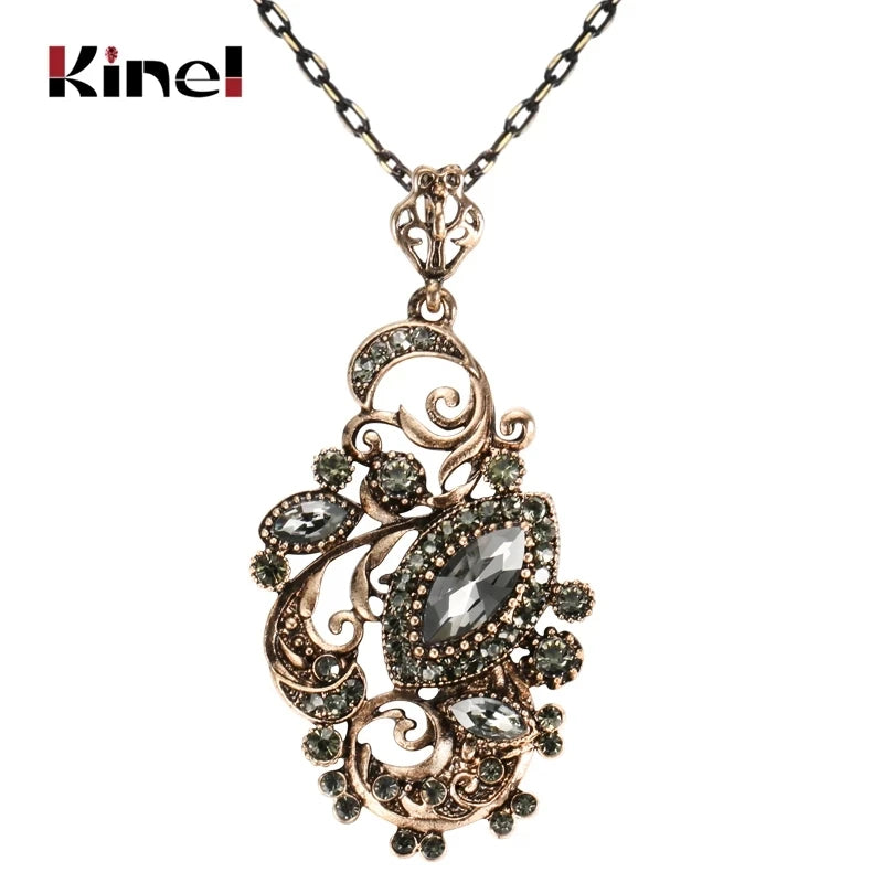 Kinel Charm Grey Crystal Flower Necklace For Women Antique Gold Resin Long Pendant Necklace Indian Vintage Jewelry Drop Shipping