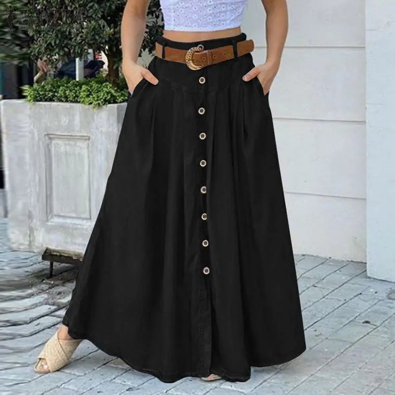 Fashion Button Maxi Skirts 2023 ZANZEA Women Summer Sundress Casual High Waist Long Vestidos Female Solid Robe Femme