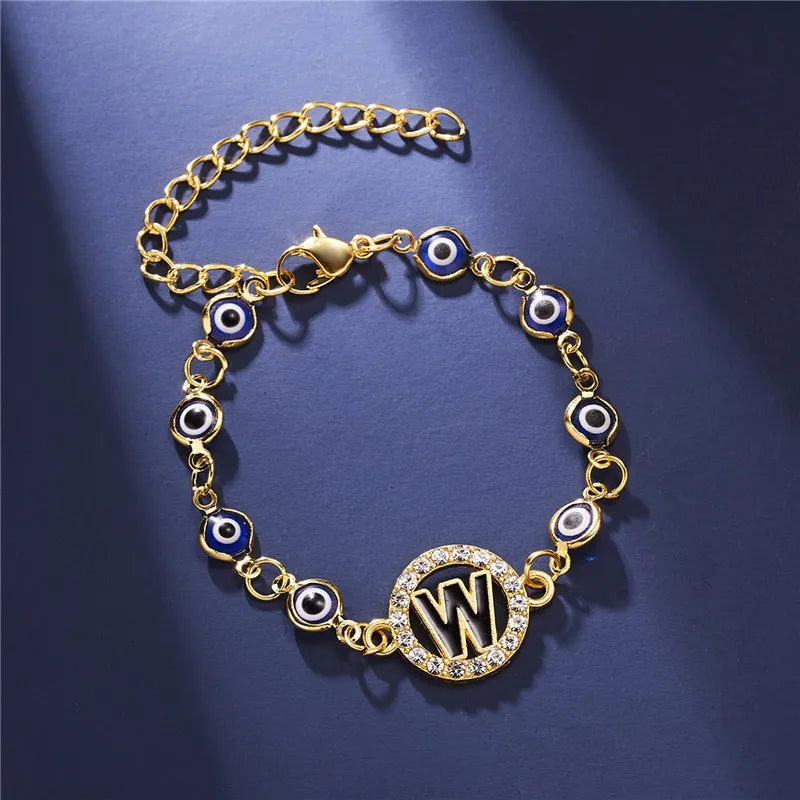 Trendy 26 Letter A-Z Turkish Evil Eye Initial Bracelet For Women Luxury AAA Rhinestone Alphabet Charm Name Bracelet Jewelry Gift