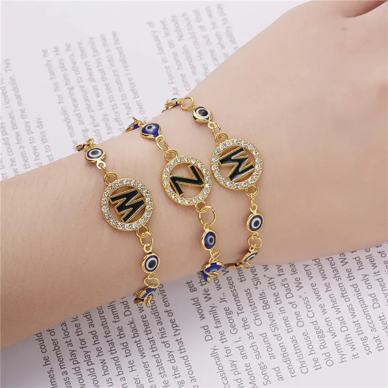 Trendy 26 Letter A-Z Turkish Evil Eye Initial Bracelet For Women Luxury AAA Rhinestone Alphabet Charm Name Bracelet Jewelry Gift