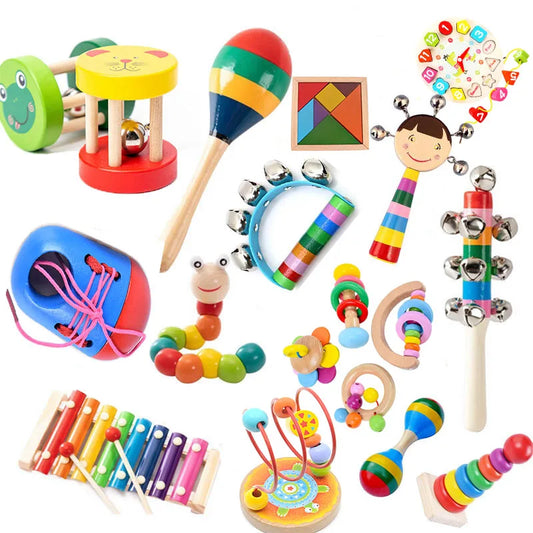 Montessori Wooden Baby Shaker Hand Bell Baby Rattles Toy Newborn Educational Musical Rattle Toys For Sand Hammer Baby 0 12 Month