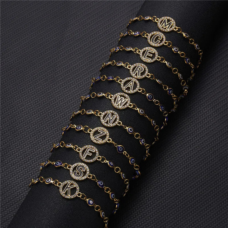 Trendy 26 Letter A-Z Turkish Evil Eye Initial Bracelet For Women Luxury AAA Rhinestone Alphabet Charm Name Bracelet Jewelry Gift