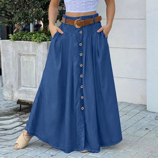 Fashion Button Maxi Skirts 2023 ZANZEA Women Summer Sundress Casual High Waist Long Vestidos Female Solid Robe Femme
