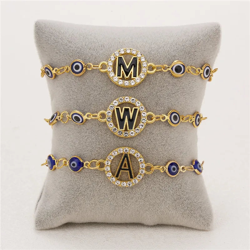 Trendy 26 Letter A-Z Turkish Evil Eye Initial Bracelet For Women Luxury AAA Rhinestone Alphabet Charm Name Bracelet Jewelry Gift