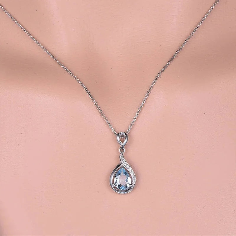 CAOSHI Elegant Light Blue Pear Shape Pendant Necklace for Women Silver Color Trendy Engagement Wedding Party Jewelry Hot Sale