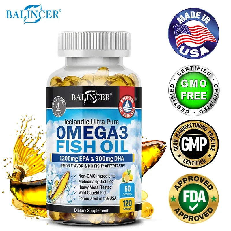 Omega 3 Fish Oil Capsule Supplement Rich in DHA EPA Antioxidant Skin Eyes Immune System，Non-GMO,Gluten-free, Vegetarian Capsules