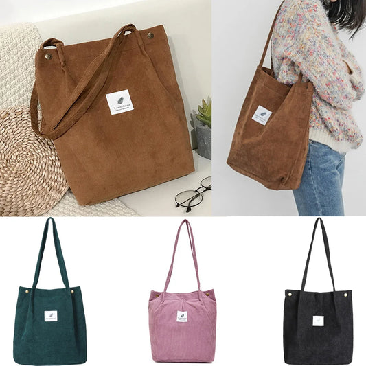 2023 Women Bag Corduroy Shoulder Bags Reusable Cotton Cloth Handbags School Shopping Large Grocery Organizer Shopper Tote Pack