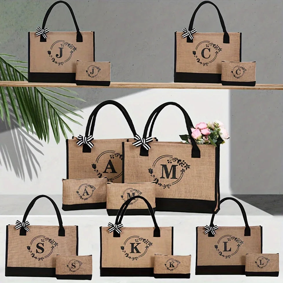 Letter Garland Linen Large Capacity Canvas Tote Bag Shopping Bag Tote Bag Duffle Bag for Wedding, Birthday Beach Vacation