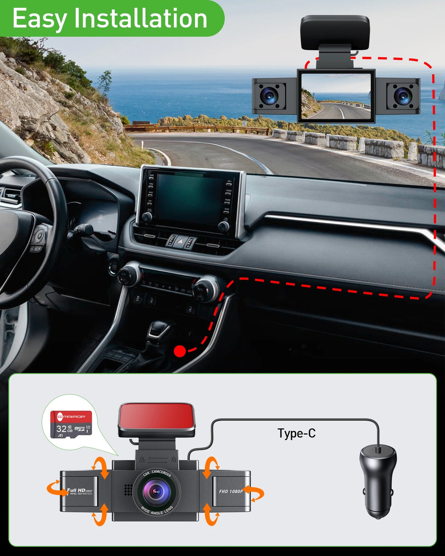 3 Channel Dash Cam Video Recorder Three Lens Car Camera with Rear View DVR 24H Parking Monitor Black Box