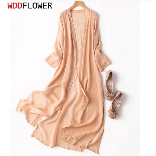 Women 100% Natural Silk Thin Type Solid Colors Long Top Kimono Cardigan Shawl Coat Blouse Summer Beach Cover Up MM148