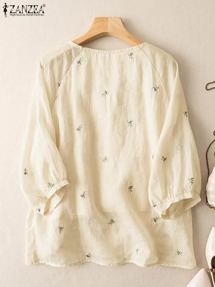 ZANZEA Casual Floral Embroidery Blouse Puff Sleeve O-Neck Shirt Woman Fashion Cotton Tunic Tops Elegant Holiday Chemise Oversize