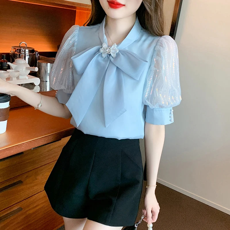 Fashion Bow Collar Apricot Chiffon Blouse Shirt Women Tops Blusas Mujer De Moda 2024 Verano Short Sleeve Blouse Women Blusa G587