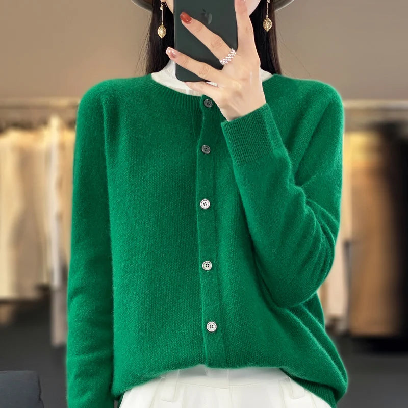 2024Spring and Autumn  New 100% pure merino cashmere sweater women's O-neck cardigan loose long-sleeved sweater top