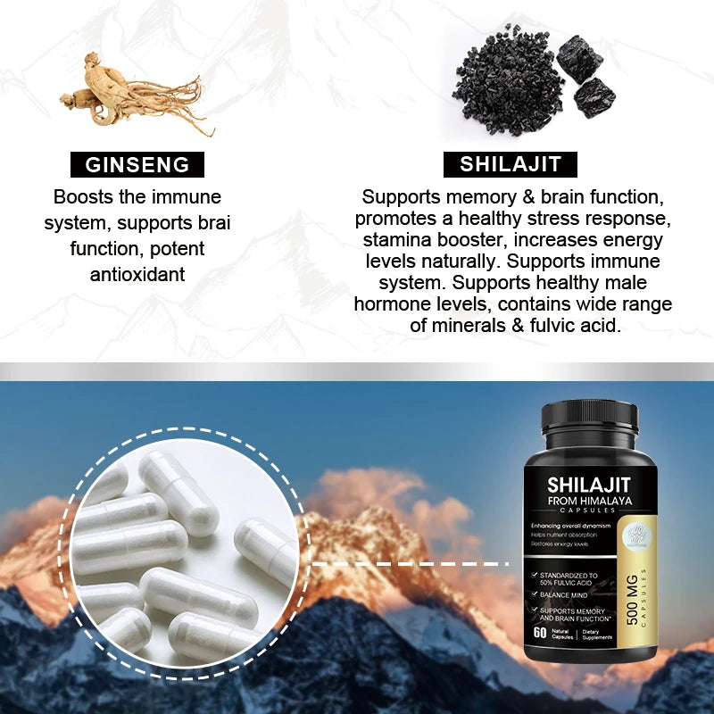 Organic Shilajit Resin & Shilajit Capsules 50% Fulvic Acid For Energy Supplement Muscle Gain & Build For Men & Women
