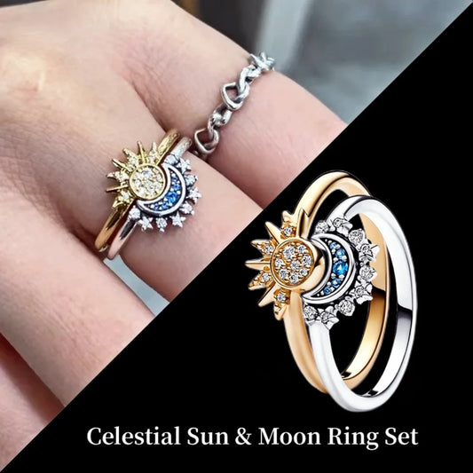 Hot Sale 925 Sterling Silver Gold Moon and Sun Ring Set Diamond Heart Sparkling Rings for Women Fine Jewelry Party Gift Charming