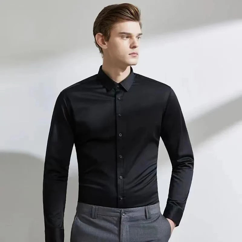 Men's long sleeved elastic shirt, non ironing business dress, professional work attire, stand up collar shirt