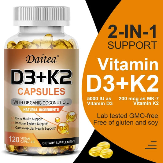 Vegan 2-in-1 Vitamin D3 5000 IU+K2 200mcg MK-7 Capsules Organic Coconut Oil Natural Ingredient Calcium Regulation Immunity