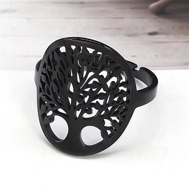 Punk Tree Of Life Ring Stainless Steel Black Color Lucky Trees Religion Adjustable Finger Rings Jewelry arbre de vie R22S07