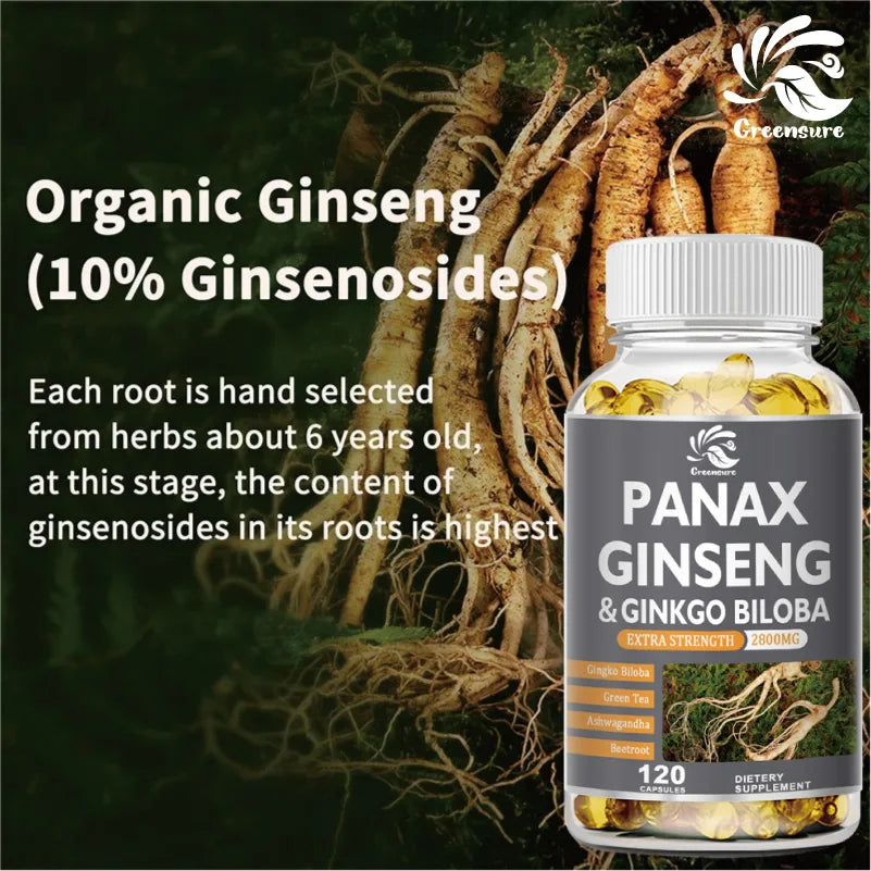 Red Panax Ginseng + Ginkgo Capsules | 60/120 Capsules | 2,800mg | Vegetarian, Non-GMO, and Gluten Free Supplement