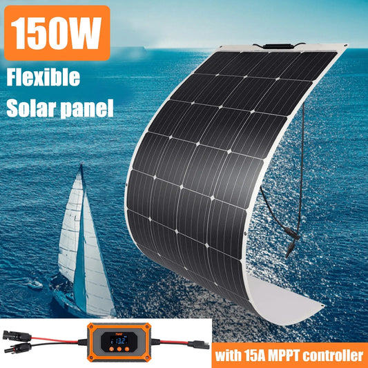 150W Flexible Solar Panel With 15A MPPT Controller IP65 Waterproof Solar Panel Kit Complete 12V/18V Photovoltaic Camping RV Boat