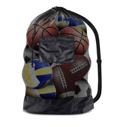 Large mesh sports bag with shoulder straps, drawstring bag for storing basketball, volleyball, baseball, and swimming equipment