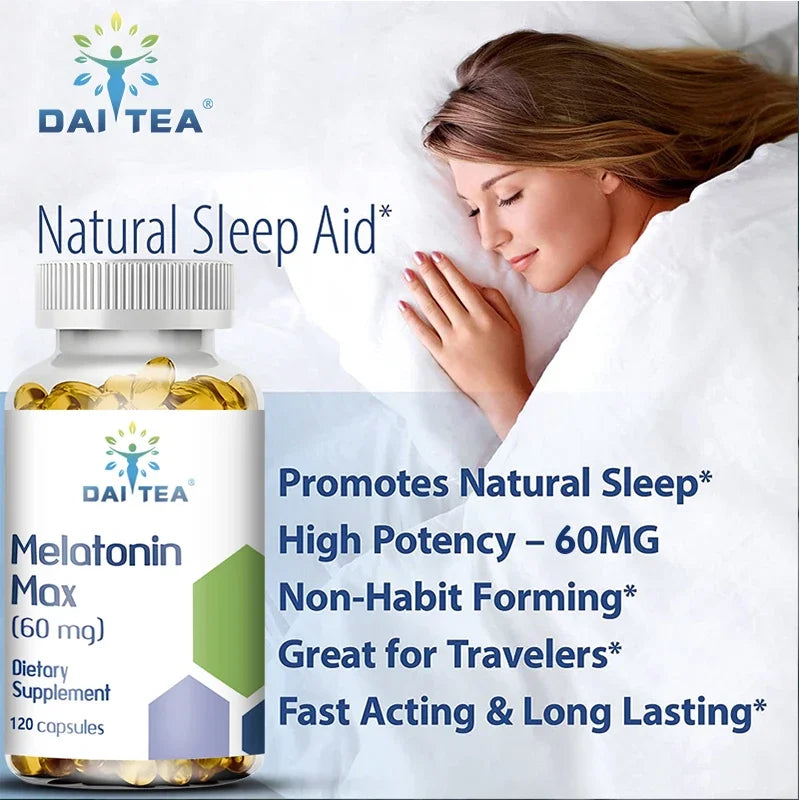 Daitea Melatonin Vegetarian Capsules - 60 Mg Promote Sleep Quality, Eye Health and Reduce Waking Time