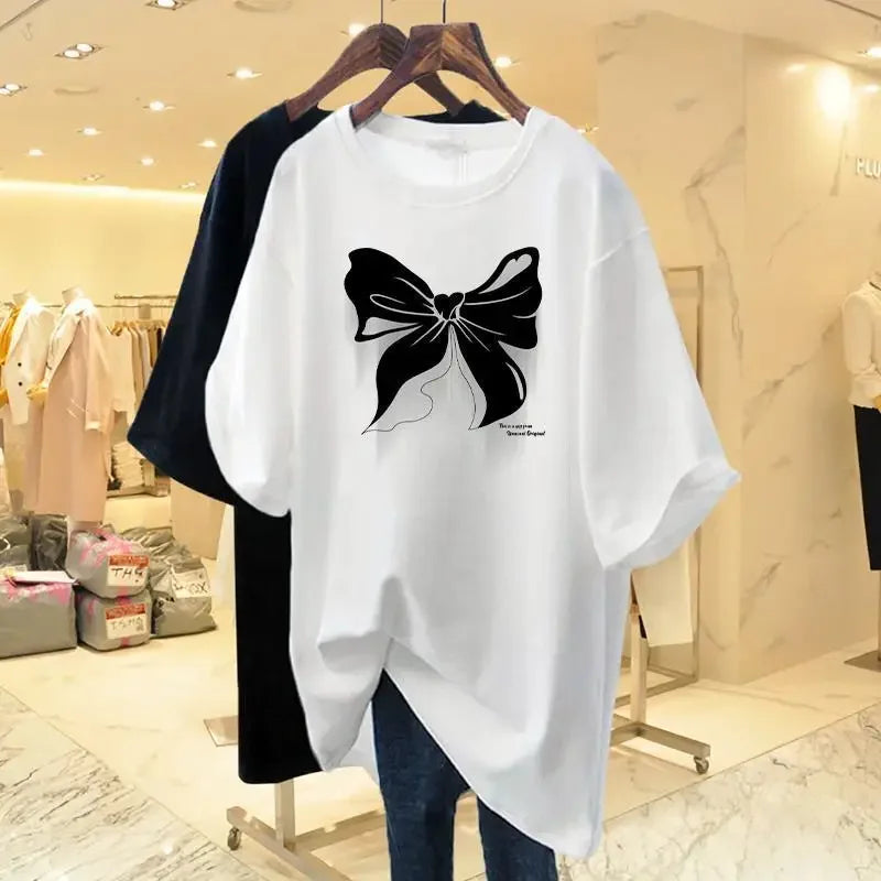 White Cotton Loose Round Neck Bow Short Sleeve Tee T-shirt Women's Mid Length 2023 Summer New European Oversized Fashion Tops